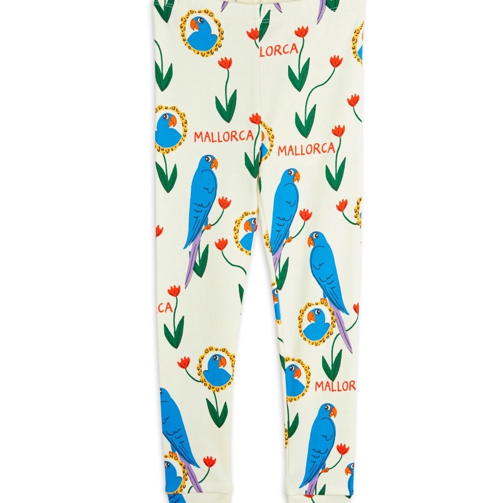Mini Rodini Cream Leggings with Blue Parrot Print